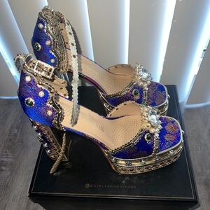 Azalea Wang Embellished Platform Heels | Royal Blue Gold | Statement Shoes